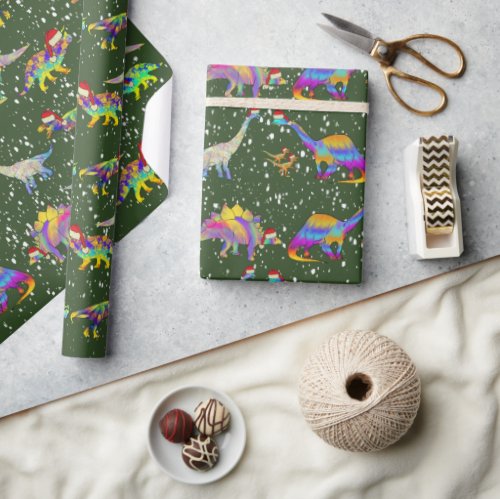Dinosaurs in Santa Hats Christmas Wrapping Paper