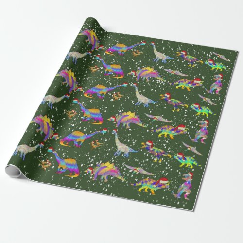 Dinosaurs in Santa Hats Christmas Wrapping Paper