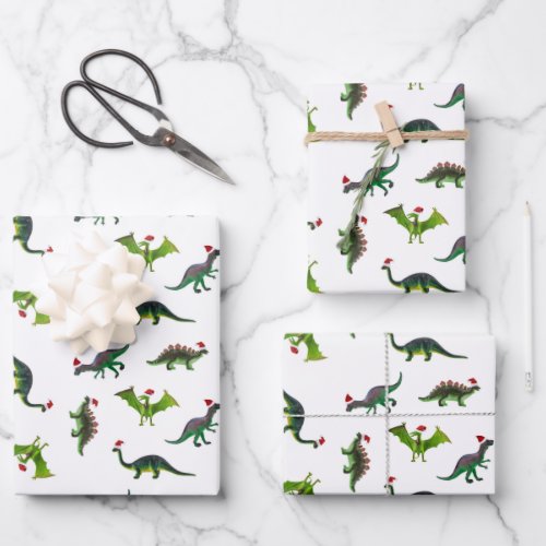 Dinosaurs in Santa hats Wrapping Paper 