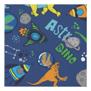 Dinosaurs in space hand drawn color vintage seamle faux canvas print