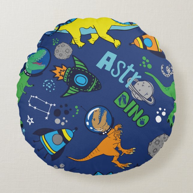Dinosaurs in space hand drawn color vintage seamle round pillow (Front)