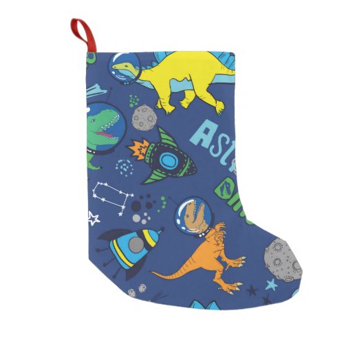 Dinosaurs in space hand drawn color vintage seamle small christmas stocking