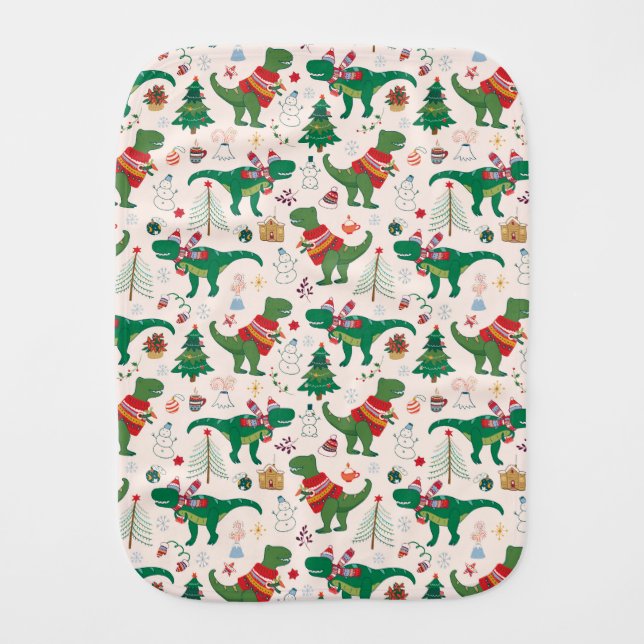 Dinosaurs in Sweaters Christmas Pattern Baby Burp Cloth (Front)