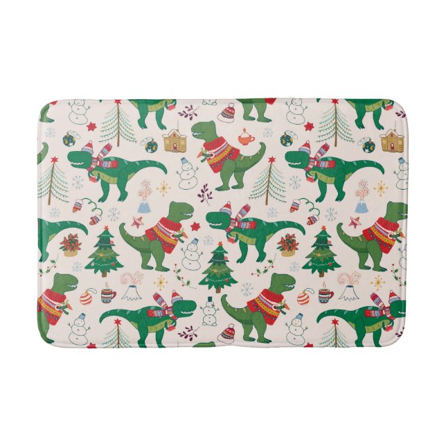 Dinosaurs in Sweaters Christmas Pattern Bath Mat (Front)