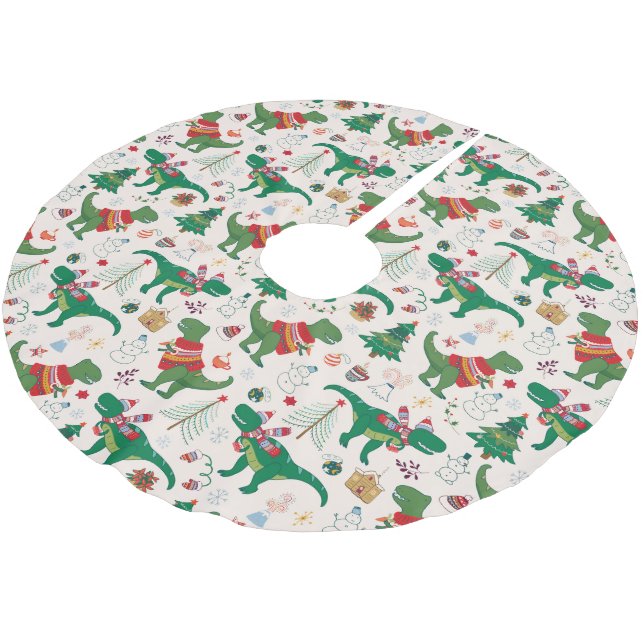 Dinosaurs in Sweaters Christmas Pattern Brushed Polyester Tree Skirt (Angled)
