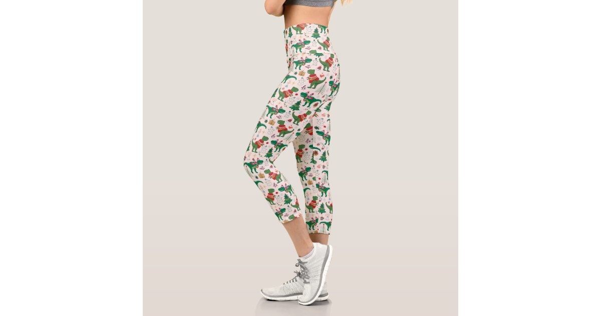 Dinosaurs in Sweaters Christmas Pattern Capri Leggings Zazzle