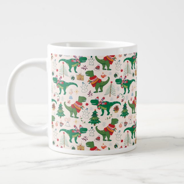 Dinosaurs in Sweaters Christmas Pattern Giant Coffee Mug (Left)