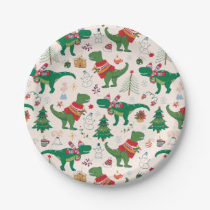 Dinosaurs in Sweaters Christmas Pattern Paper Plates