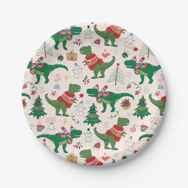 Dinosaurs in Sweaters Christmas Pattern Paper Plates (Front)