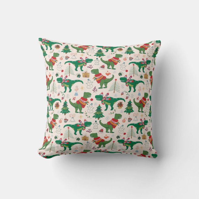 Dinosaurs in Sweaters Christmas Pattern Throw Pillow (Front)