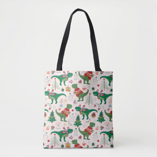 Dinosaurs in Sweaters Christmas Pattern Tote Bag (Front)