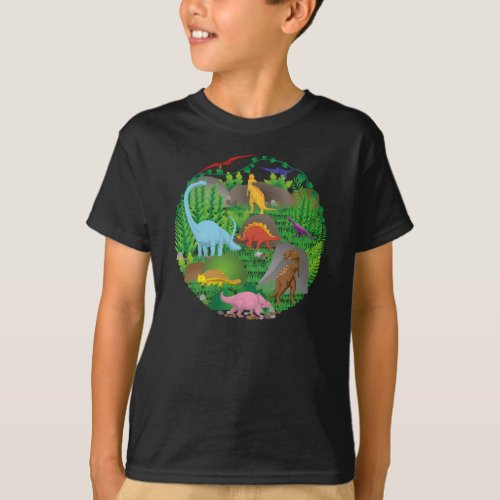 Dinosaurs Jungle Scene circle Jurassic Birthday T_Shirt
