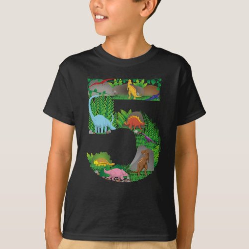 Dinosaurs Jungle Scene fifth Birthday number five T_Shirt