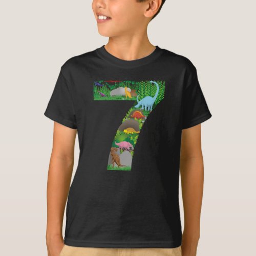 Dinosaurs Jungle Scene seventh Birthday no seven T_Shirt