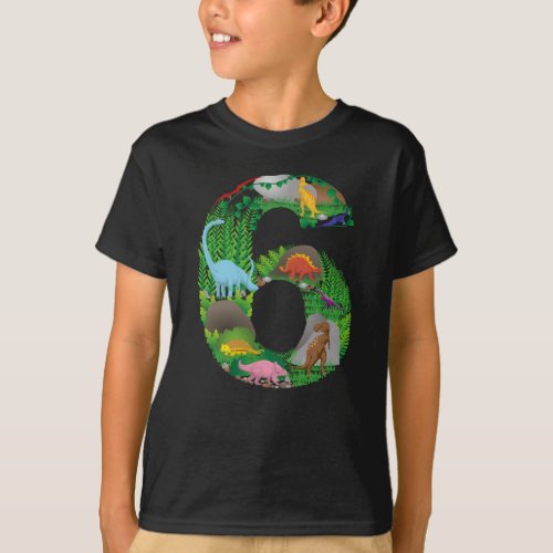 Dinosaurs Jungle Scene sixth Birthday number six T_Shirt