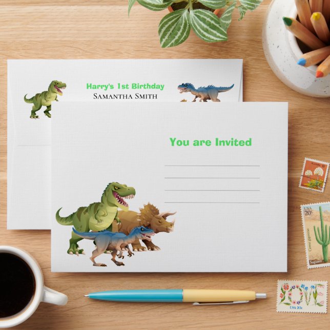 Dinosaurs Jurassic Party You are Invited Green Envelope (Desk)
