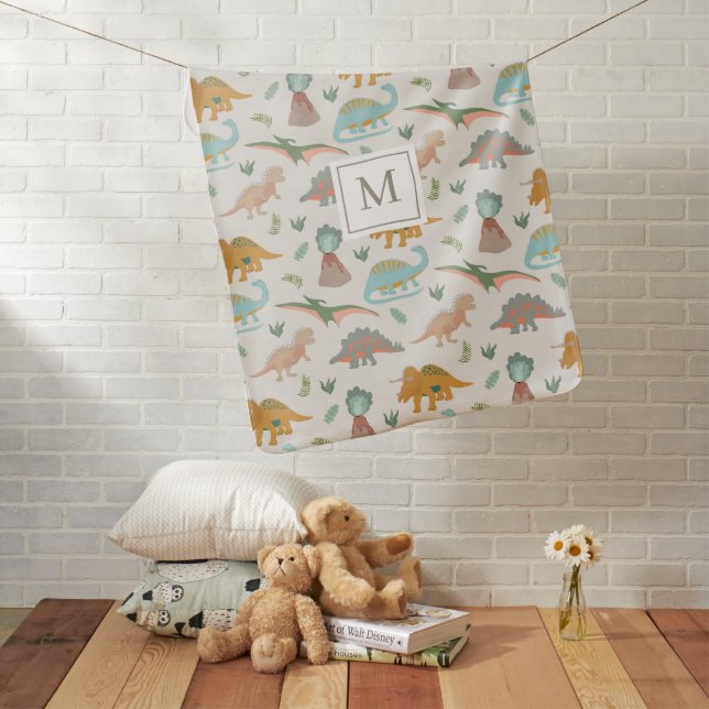 Dinosaurs Kids Hand Drawn Boho Dinosaur Monogram Baby Blanket (In Situ)