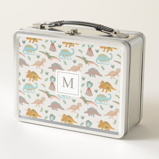 Dinosaurs Kids Hand Drawn Boho Dinosaur Monogram Metal Lunch Box (Front)