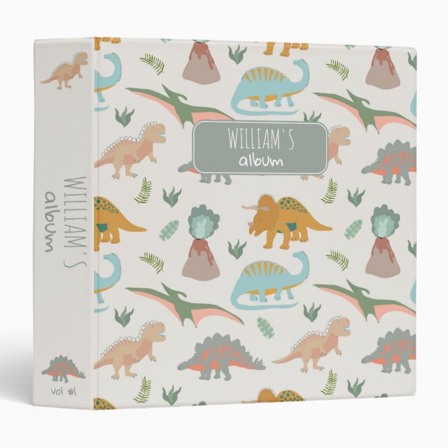 Dinosaurs Kids Hand Drawn Boho Dinosaur Pattern 3 Ring Binder (Front/Spine)