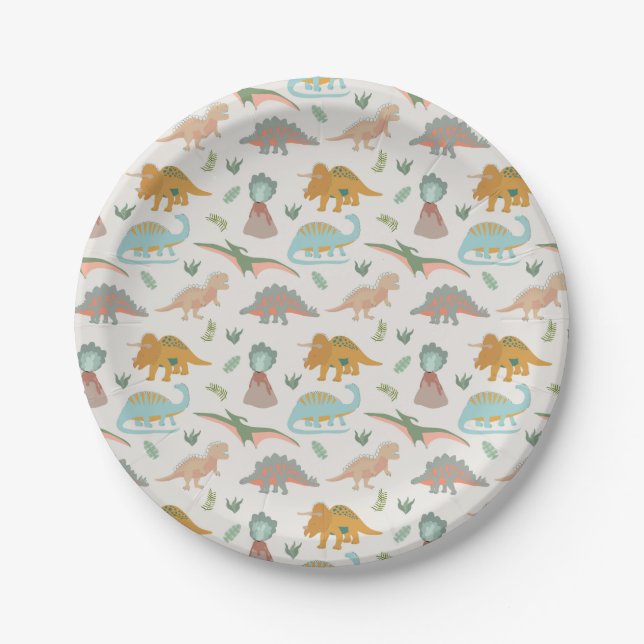 Dinosaurs Kids Hand Drawn Boho Dinosaur Pattern Paper Plates (Front)
