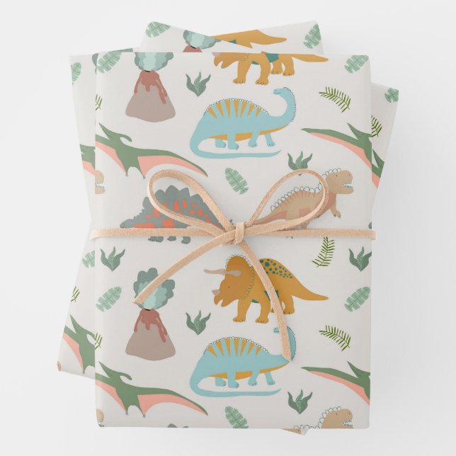 Dinosaurs Kids Hand Drawn Boho Dinosaur Pattern Wrapping Paper Sheets (In situ)