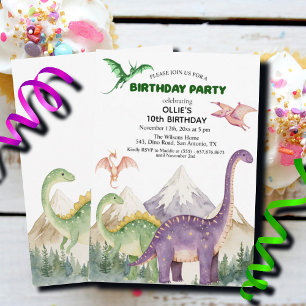 Dinosaurs & Mountains Colorful 10th Birthday Party Invitation