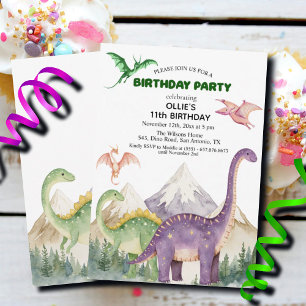 Dinosaurs & Mountains Colorful 11th Birthday Party Invitation