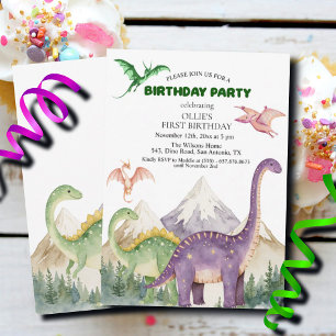 Dinosaurs & Mountains Colorful 1st Birthday Party Invitation