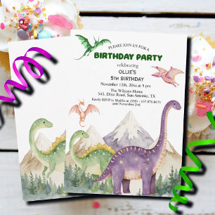 Dinosaurs & Mountains Colorful 5th Birthday Party Invitation