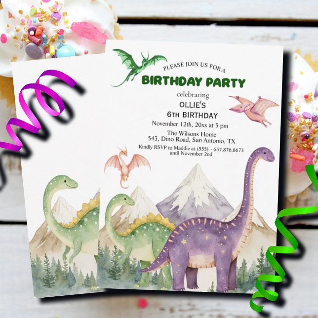 Dinosaurs & Mountains Colorful 6th Birthday Party Invitation (Creator Uploaded)