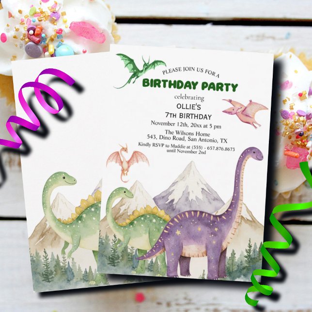 Dinosaurs & Mountains Colorful 7th Birthday Party Invitation (Creator Uploaded)
