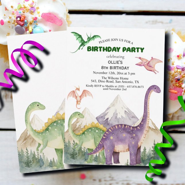 Dinosaurs & Mountains Colorful 8th Birthday Party Invitation (Creator Uploaded)