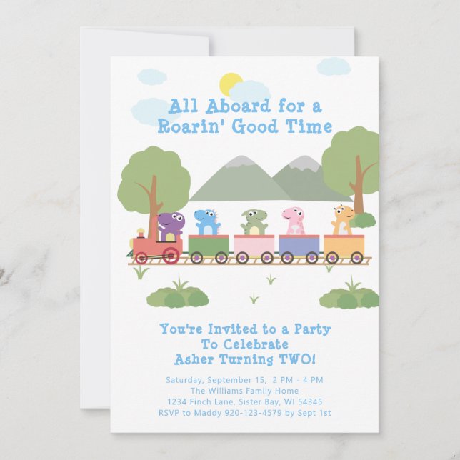 Dinosaurs On A Train All Aboard Birthday Invitation (Front)