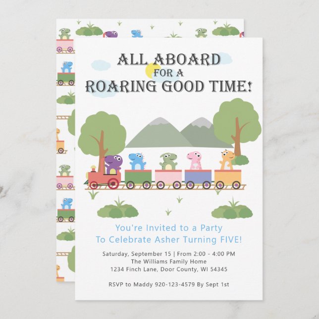 Dinosaurs On A Train Birthday Invitation (Front/Back)