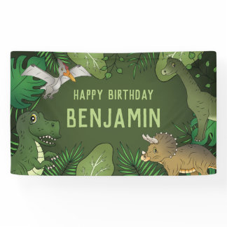 Dinosaurs On Green Cute Kid's Happy Birthday Banner