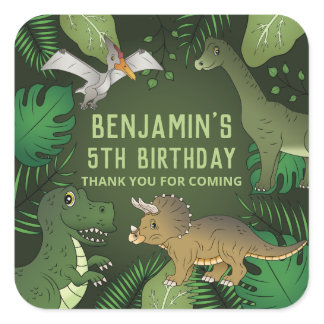 Dinosaurs On Green Leaves Birthday Party Thank You Square Sticker
