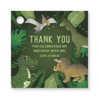Dinosaurs On Green Thank You Birthday Party Favor Tags