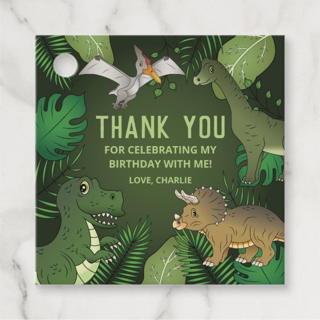 Dinosaurs On Green Thank You Birthday Party Favor Tags (Front)