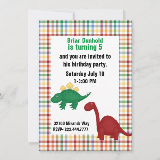 Dinosaurs on Plaid Birthday Party Invitation