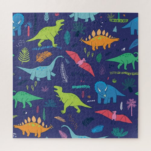 Dinosaurs Palms Tropical Vintage Pattern Jigsaw Puzzle