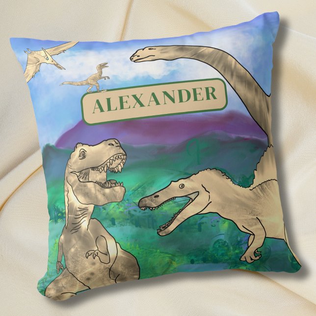 dinosaurs personalized throw pillow (Dinosaur personalized name pillow for boys. Fun dino kids bedroom home decor. T-Rex  velociraptor )