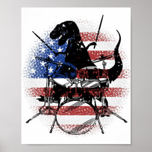Dinosaurs Playing Drums US Flag Poster