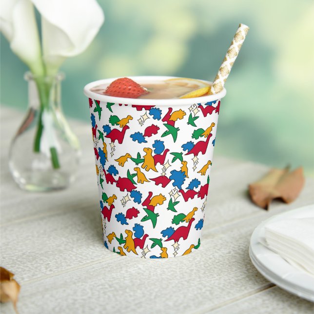 Dinosaurs - Primary Black Outline White Background Paper Cups (Insitu)