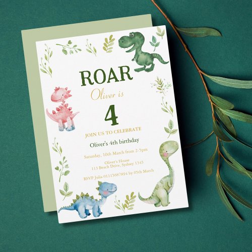 Dinosaurs Roar  fourth birthday party Invitation