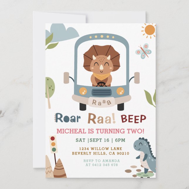 Dinosaurs Roar Raa Beep Boy Birthday Invitation (Front)