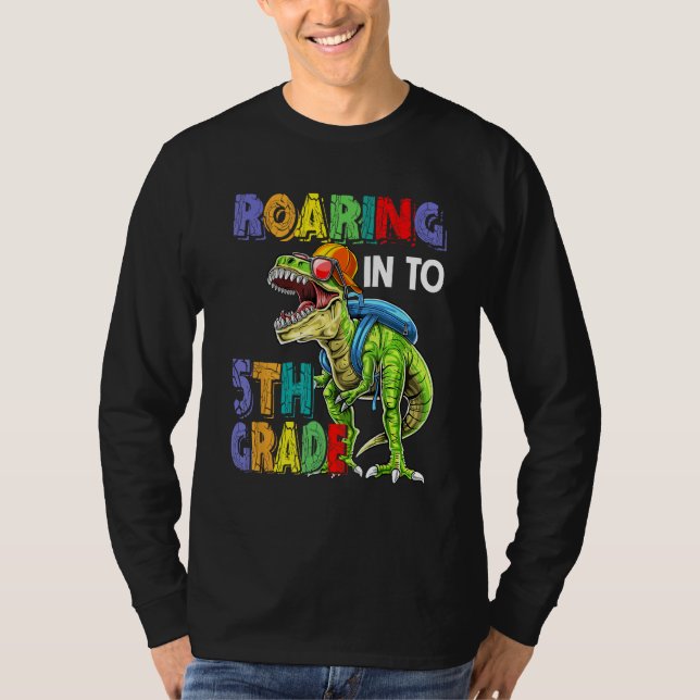 Dinosaurs Roaring Into 5th Grade Back To School T-Shirt (Front)