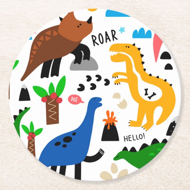 Dinosaurs seamless pattern round paper coaster (Front)