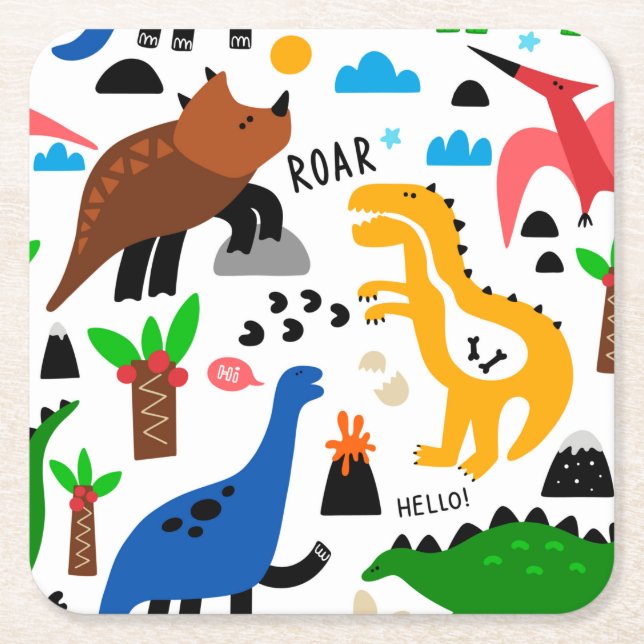 Dinosaurs seamless pattern square paper coaster (Front)