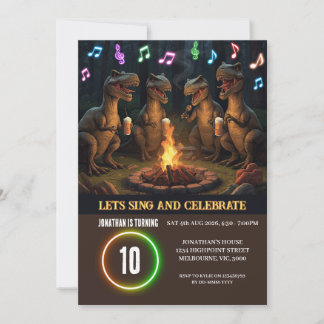 Dinosaurs Singing Over Campfire Birthday Invitation