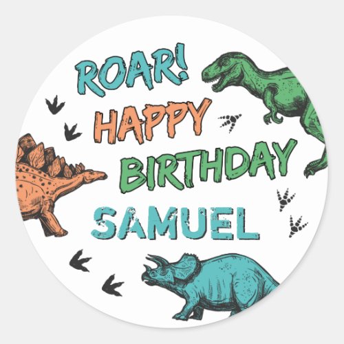 Dinosaurs Stomp Chomp Roar Birthday Party Any Age Classic Round Sticker
